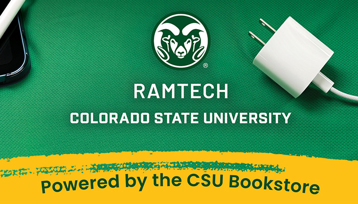 RAMtech Powered by the CSU Bookstore - features the RAMTech logo and a charging cable.